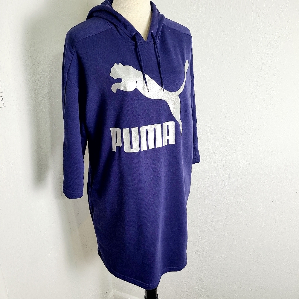 Puma Blue Hoodie Dress with White PUMA & Silver Sparkles, Size Medium - Picture 4 of 13